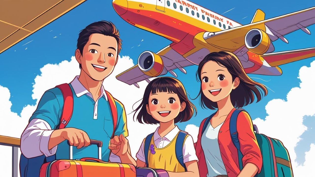 父と母と娘の3人家族と飛行機