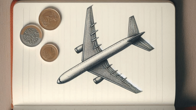 飛行機のデッサンとコイン